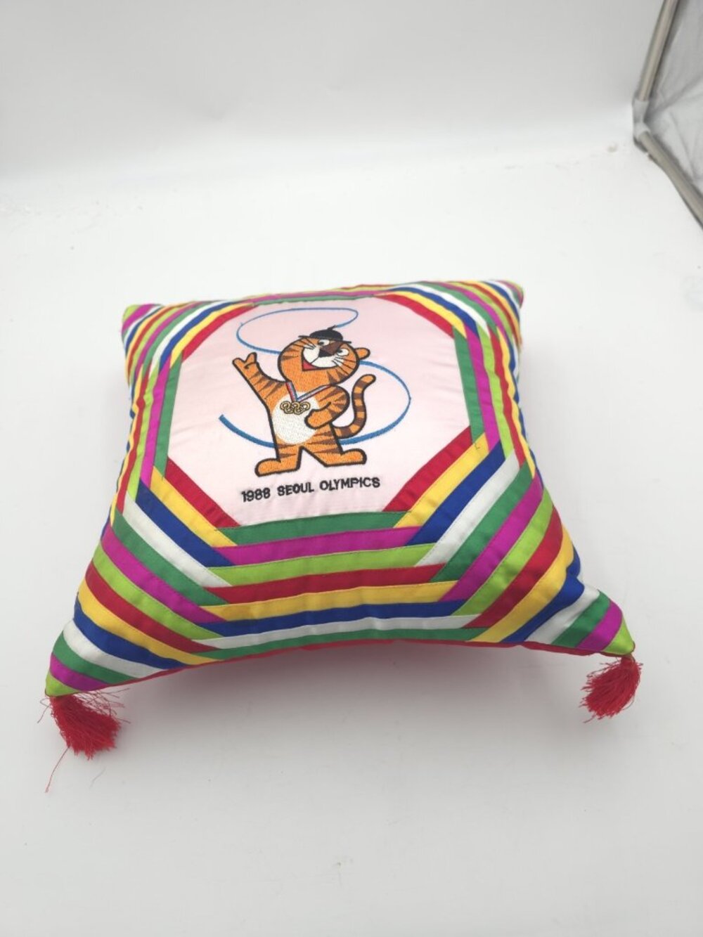 Vintage 1988 Seoul Olympics Hodori Tiger Mascot Embroidered Pillow Korea